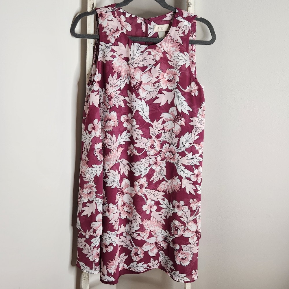 LOFT shift dress NWT womens Medium floral layered lined pink Mauve sleeveless